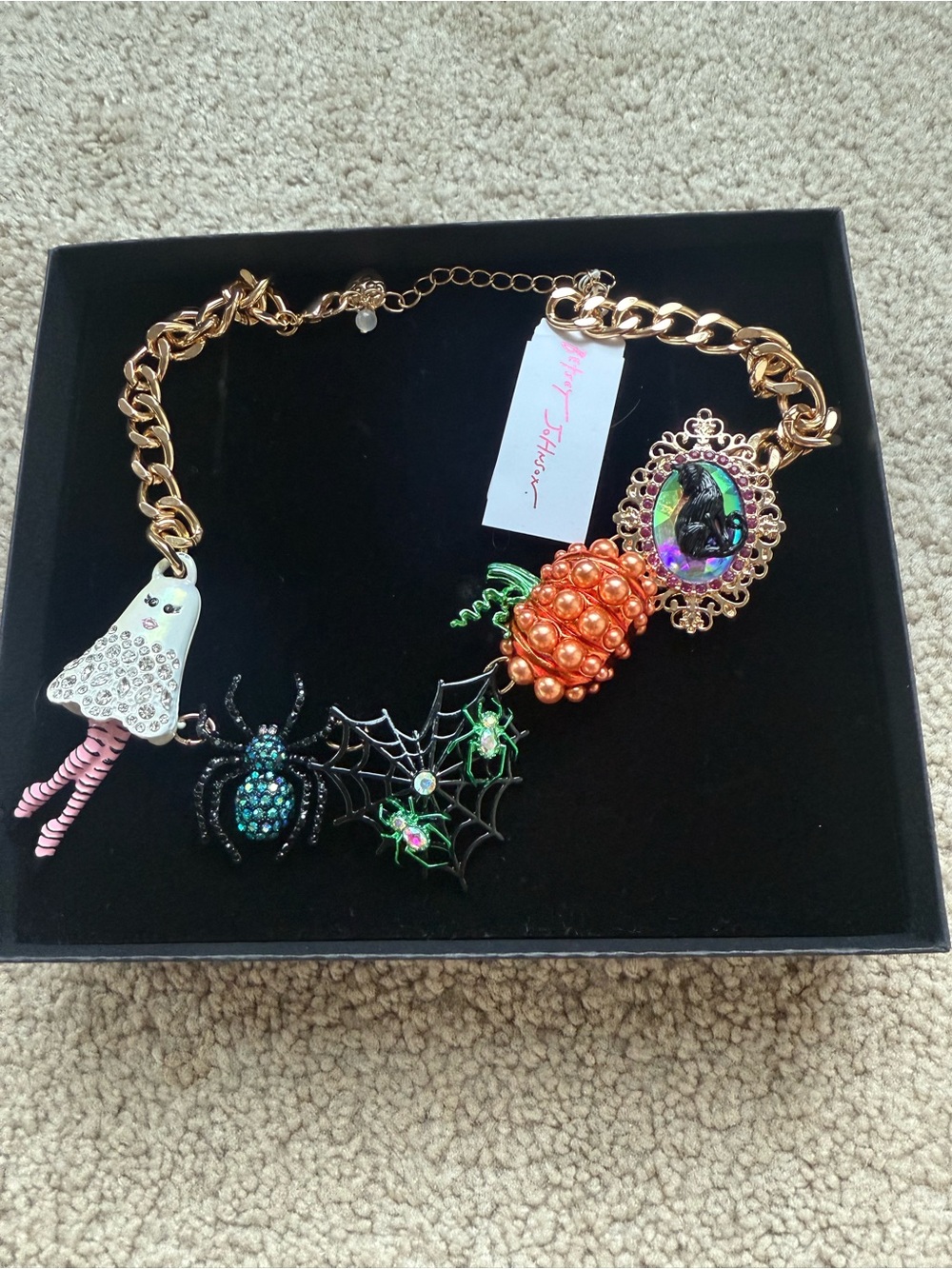 Betsey Johnson halloween Charm necklace Spider Web Pumpkin black cat